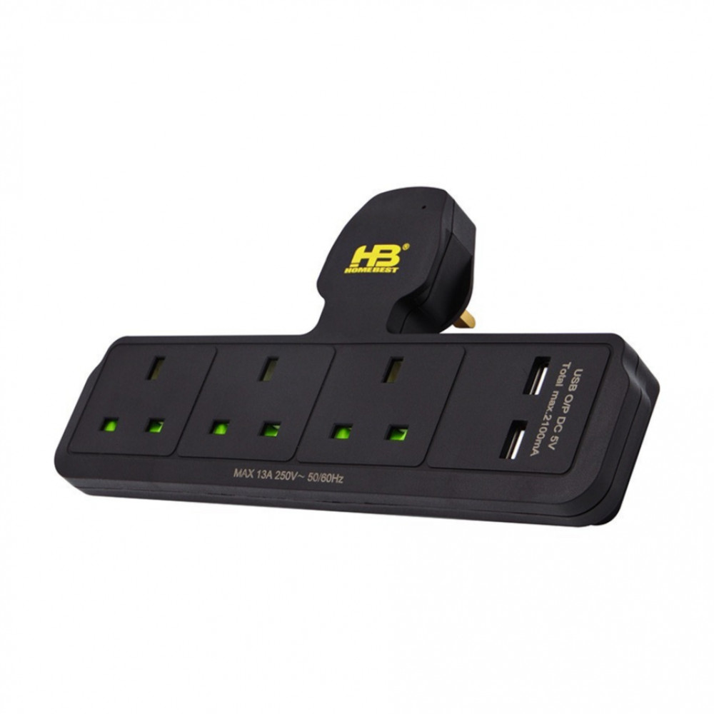 هوم بست توصيلة جدارية 3 منافذ كهربائية ومنفذين USB - أسود